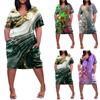 Women's Summer Plus Size V-Neck Short Sleeve Knee Pocket Printed Casual Dress