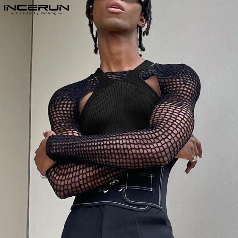INCERUN S-5XL Summer Mens Fashion Long Sleeved Bare-midriff Tops Sleeveless O-neck Undershirt Mesh See-through Shirts Black Clubwear