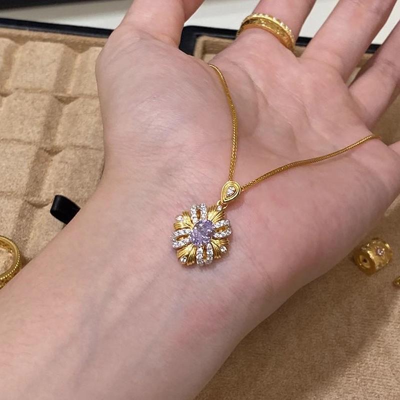French Retro Bauhinia Ribbon Ring Noble And Elegant Purple Zircon Necklace Temperament Exquisite Stud Earrings Colorful Treasure Set