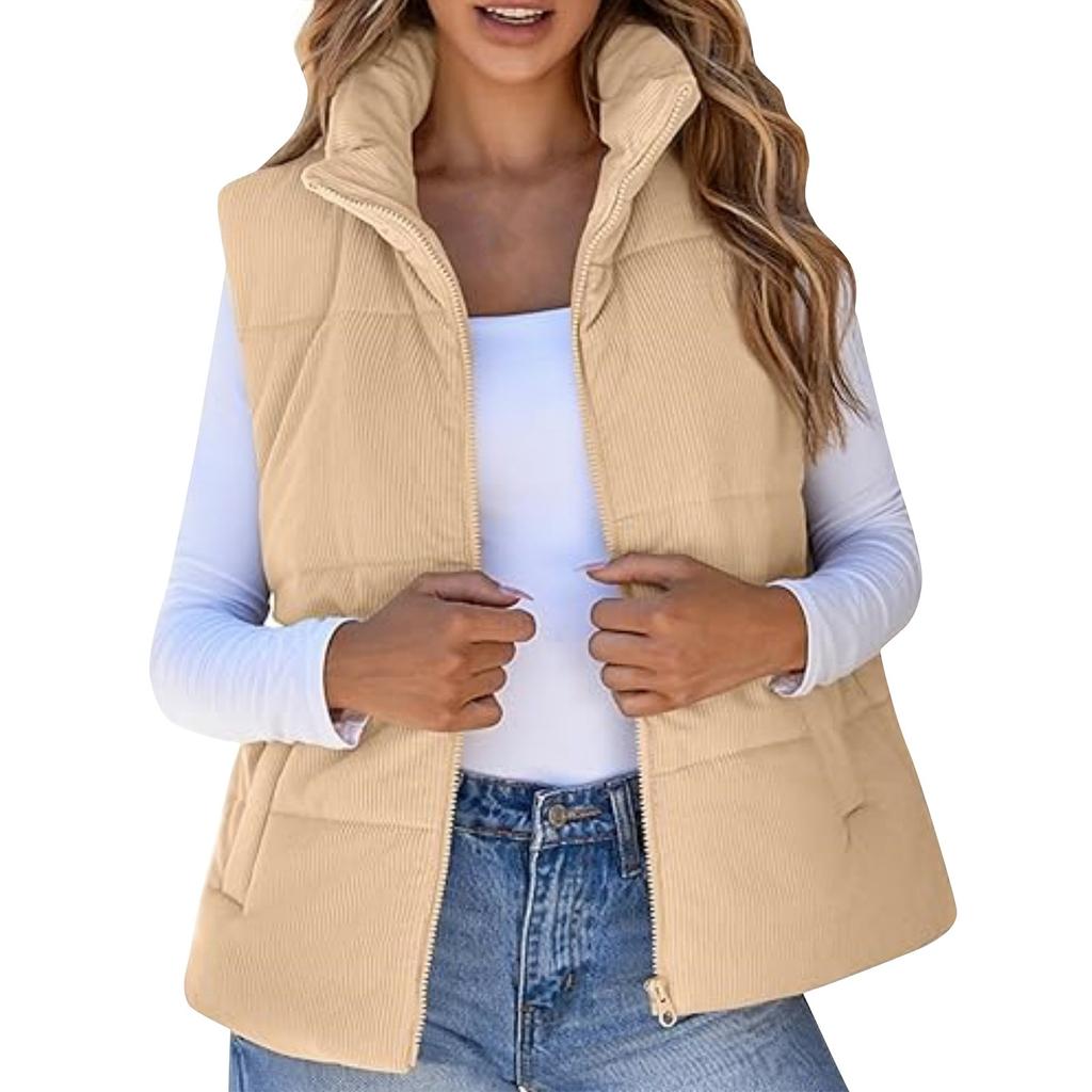 Женская модная повседневная куртка-жилет без рукавов на молнии с однотонным утолщенным узором