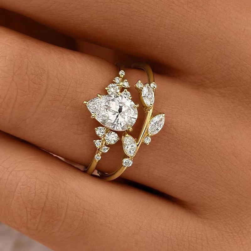 Huitan Pear Cubic Zirconia 2Pcs Set Rings for Women Gold Color Aesthetic Bridal Wedding Rings Party Temperament Female Jewelry