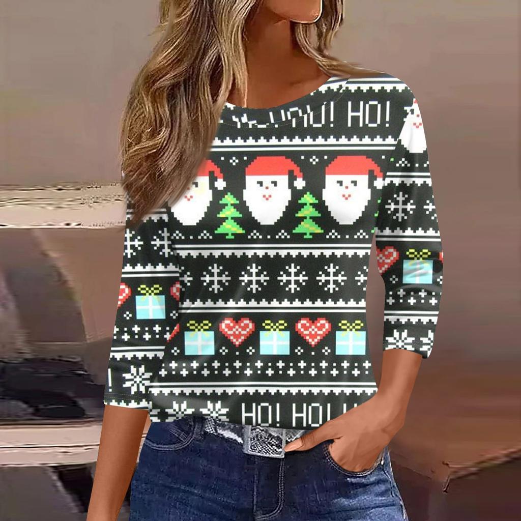 Женские топы, рубашка с семью рукавами, свободная футболка с круглым вырезом и принтом рождественского снеговика и елки