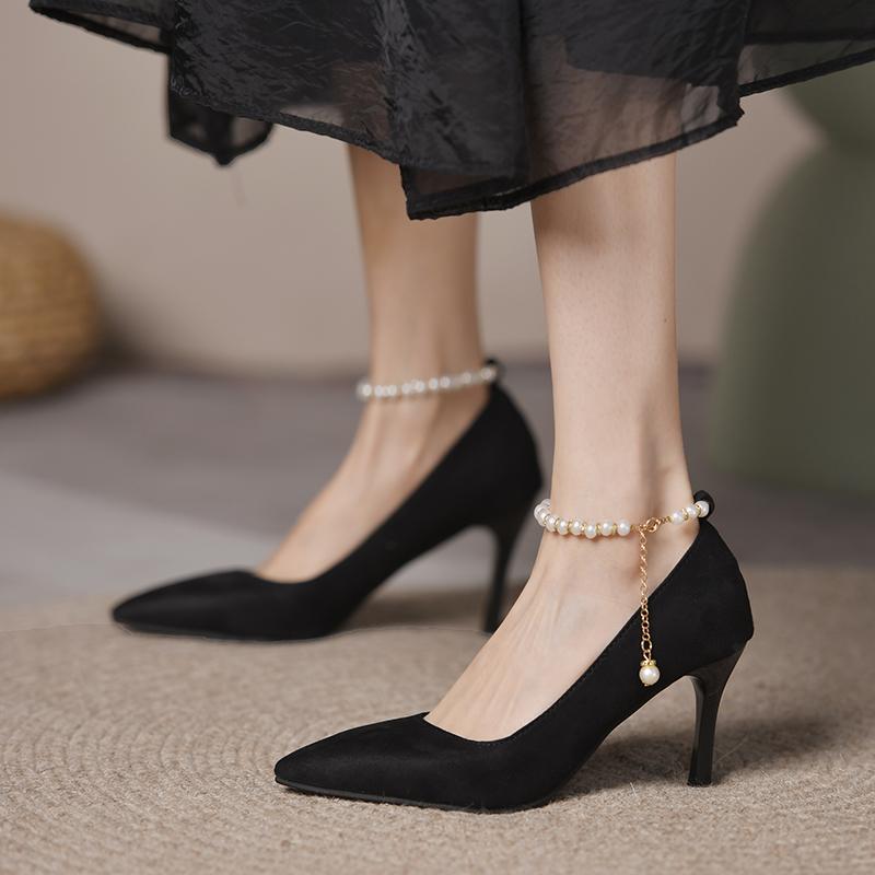 Fashion Stiletto Single Shoes Autumn New Pointed Toe Shallow Mouth Beaded One Strap Anti-Slip Wear-Resistant High Heels