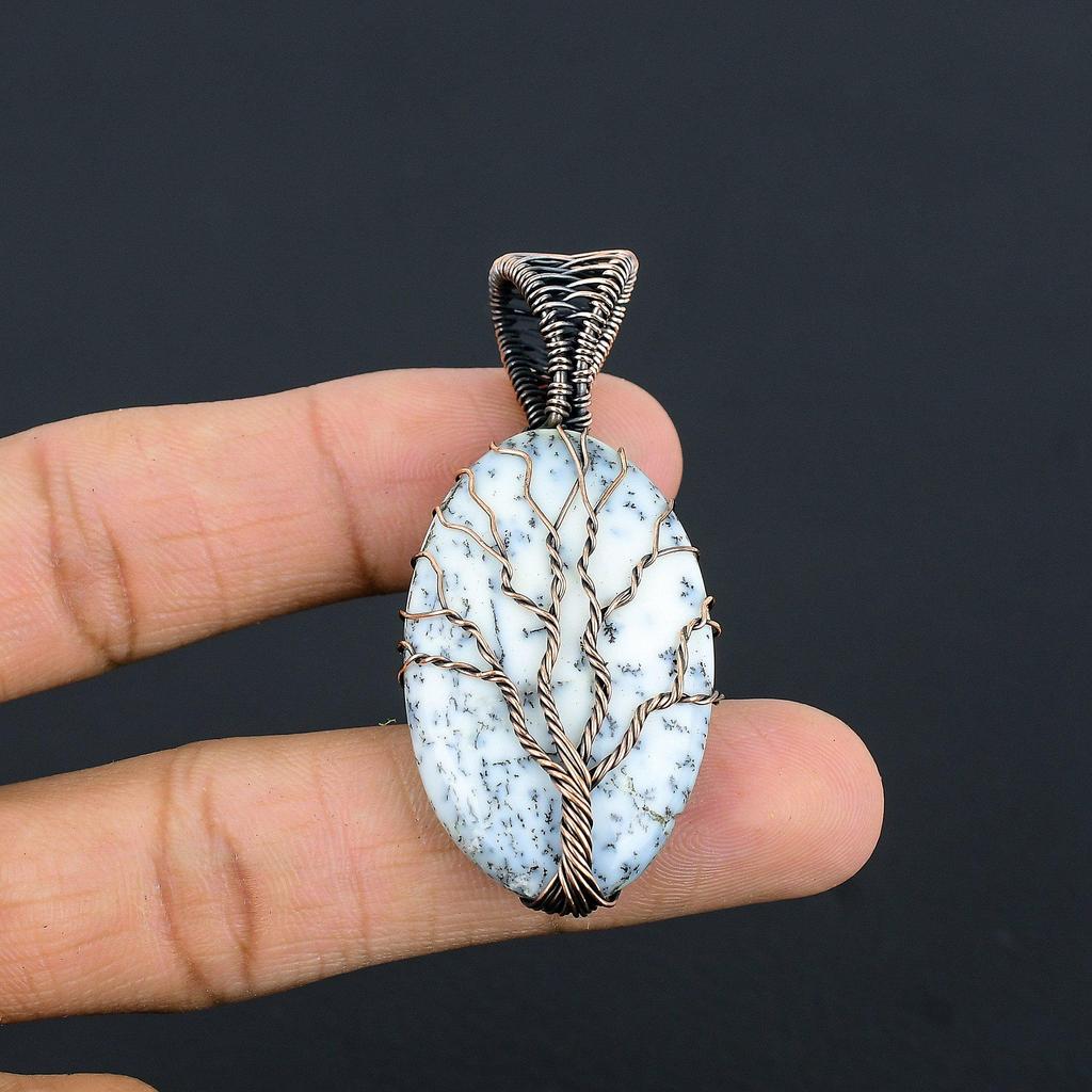 Tree Of Life Dendrite Opal Pendant Gemstone Jewelry, 999 Copper Wire Wrapped Pendant, Handmade Jewelry Birthstone Pendant, Gift For Him