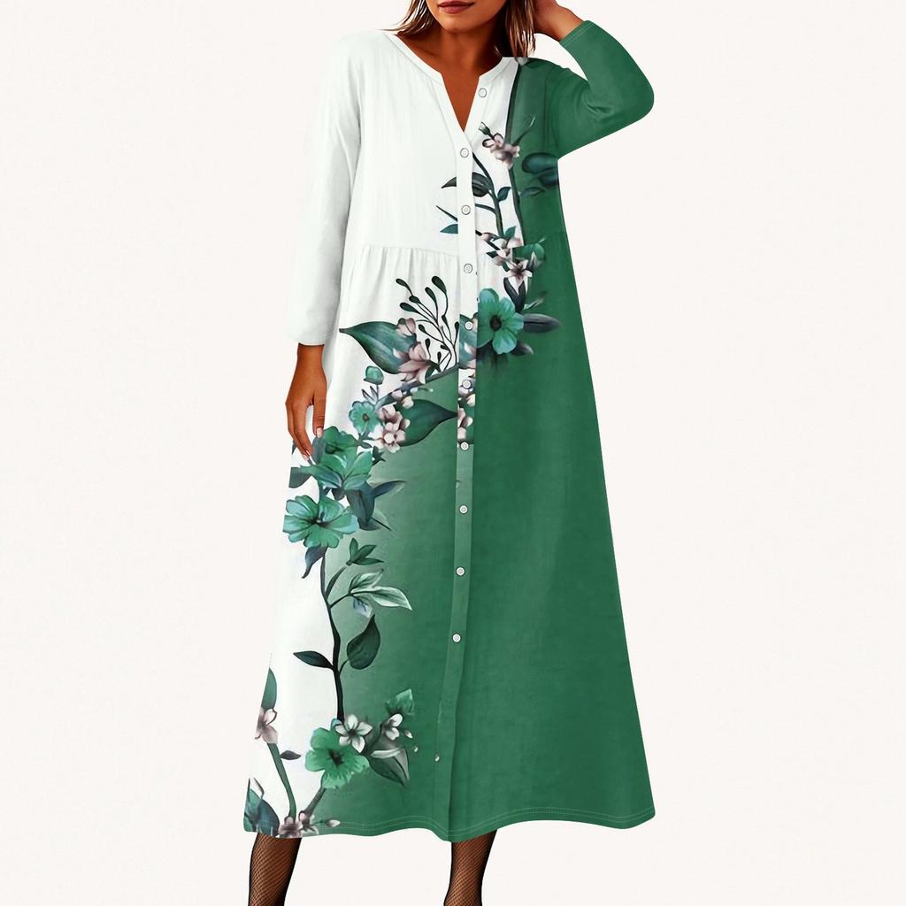 Женское модное платье-рубашка свободного кроя с принтом, круглым вырезом и рукавами семь четвертей на пуговицах