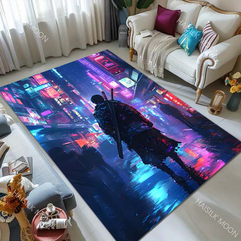1PC Futuristic city, rainy night, warrior Carpet for Living Room Bedroom Sofa Home Decor Rus Non-slip Floor Mat Luxury Gift