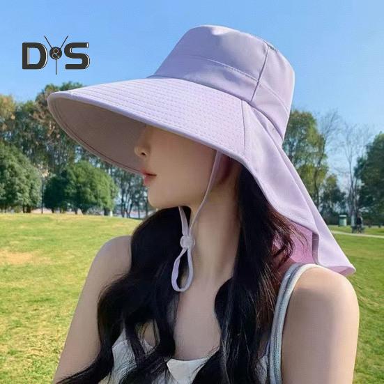 Women Sun Hat Large Brim Sun-Blocking Design Breathable UV Protection Hat Solid Color Adjustable Drawstring Outdoor Tea Hat