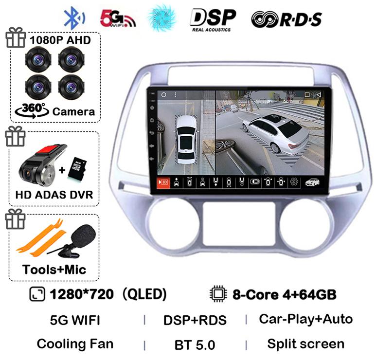 Android 14 Carplay Auto WIFI+4G Автомагнитола Для Hyundai i20 2008 - 2014 Стерео GPS Мультимедиа Видеоплеер 2 Din DVD 360 Камера BT