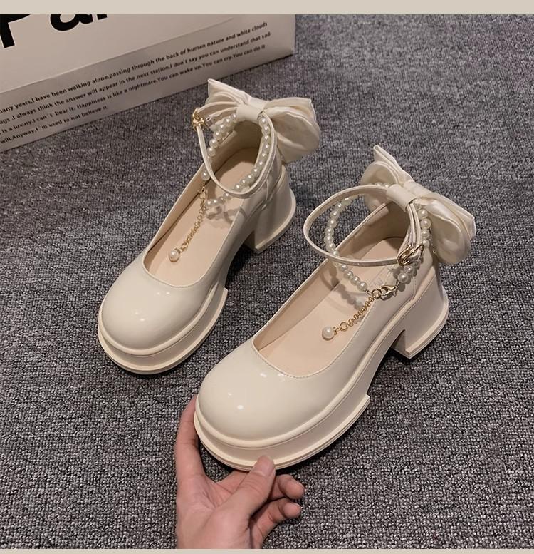Женские туфли-лодочки на высоком каблуке, новая модная модель, толстый каблук, бант, женская обувь, жемчуг, повседневные туфли Мэри Джейн
