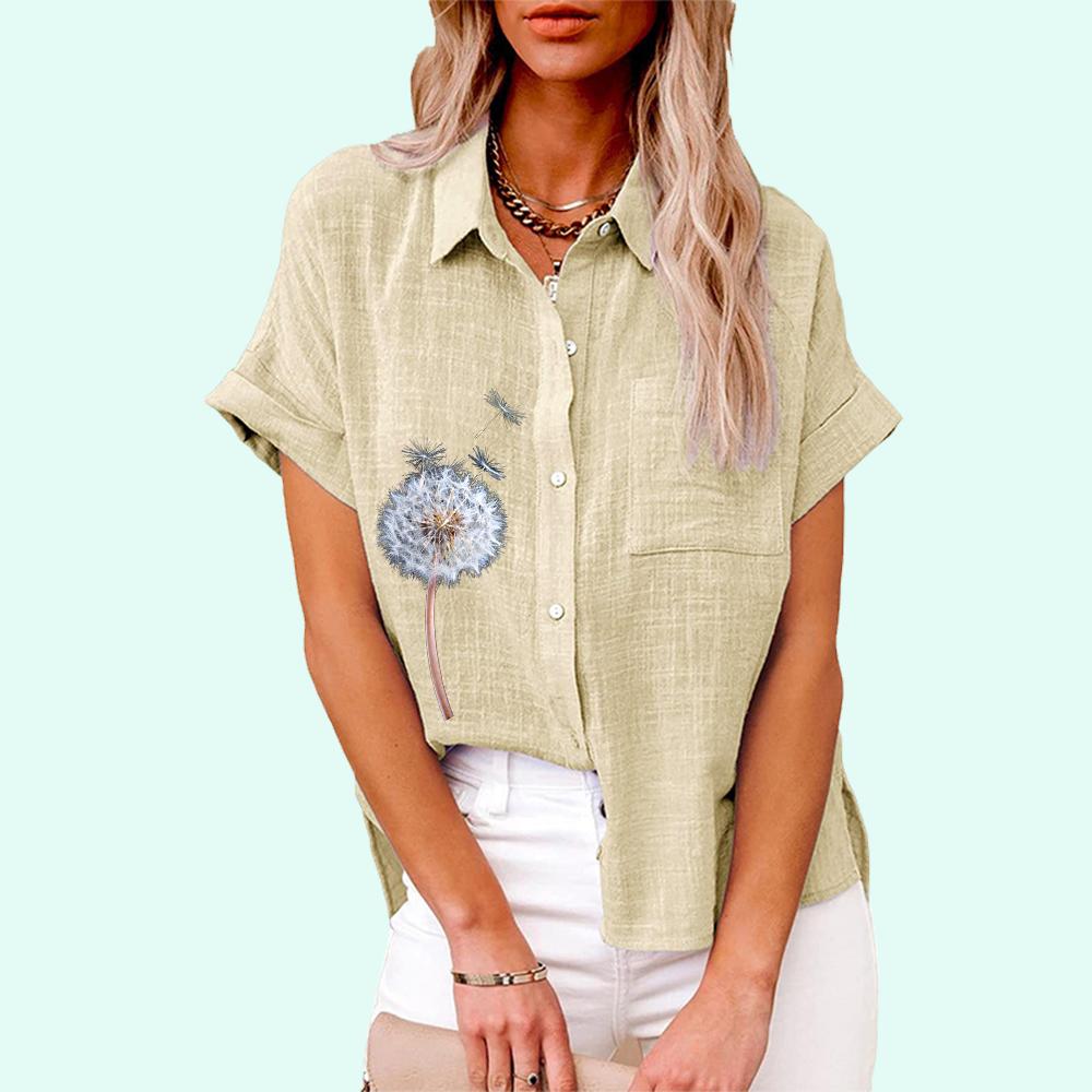 Плюс размер Женская мода цветочный принт футболка лето и осень повседневный льняной топ женская свободная застегивающаяся на пуговицы блузка с коротким рукавом