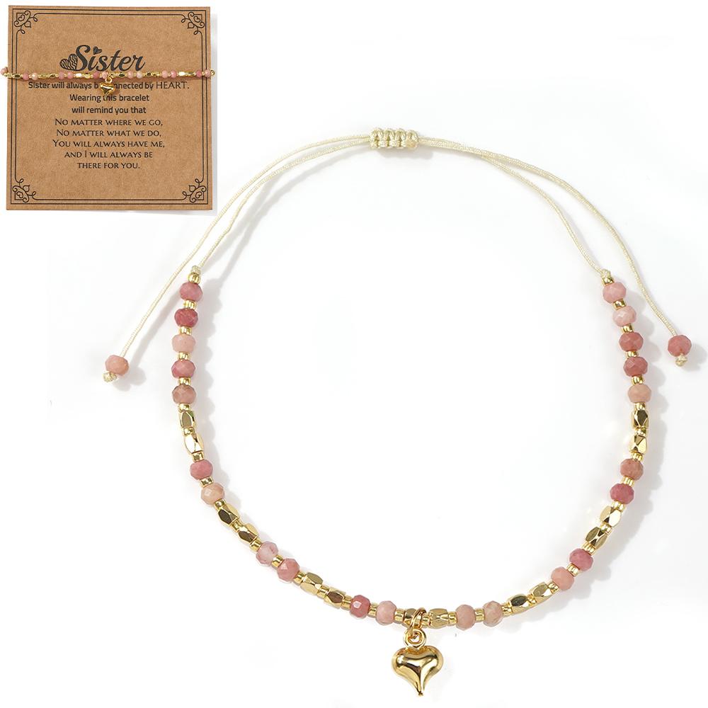 Ximang Ximang Stone Beaded Bracelet With Gold Heart Pendant Adjustable Handmade Jewelry for Women Sister Gift Ideacard