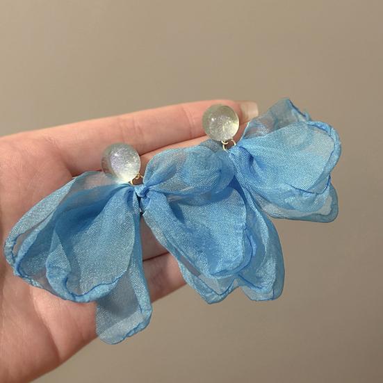 Women Mesh Petal Drop Earrings Handmade Large Chiffon Floral Dangle Earrings Vintage Stud Earrings for Vacation Wedding