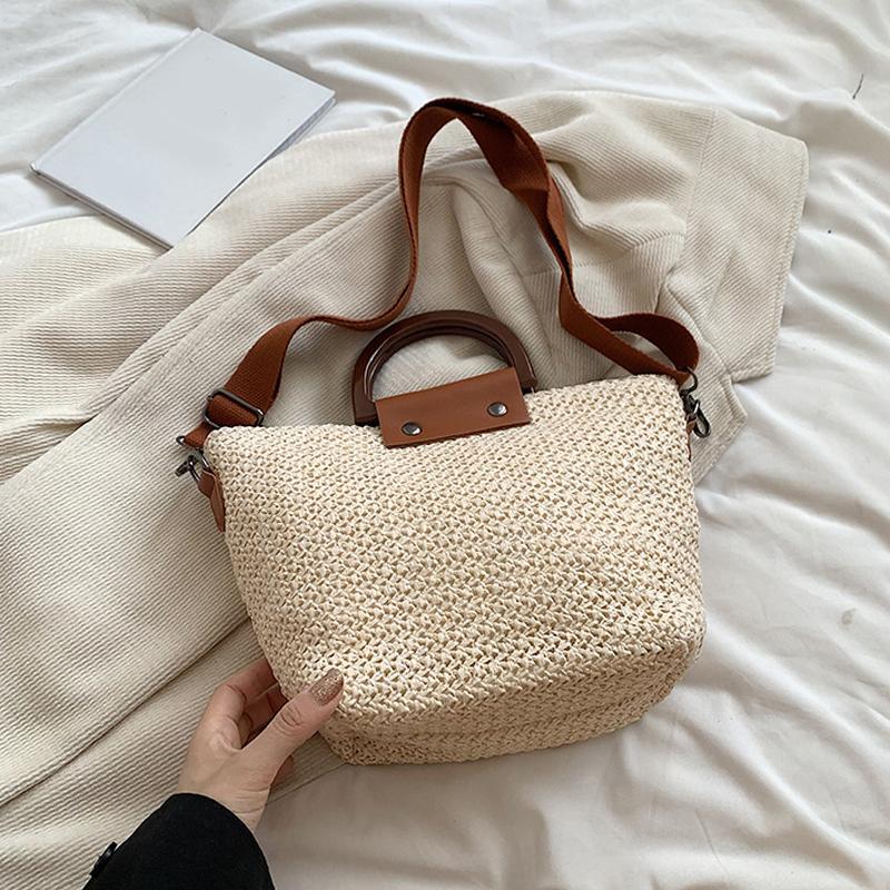 Летняя женская сумка через плечо с деревянной ручкой, плетеная соломенная сумка, бохо, повседневная женская пляжная мода, сумки через плечо