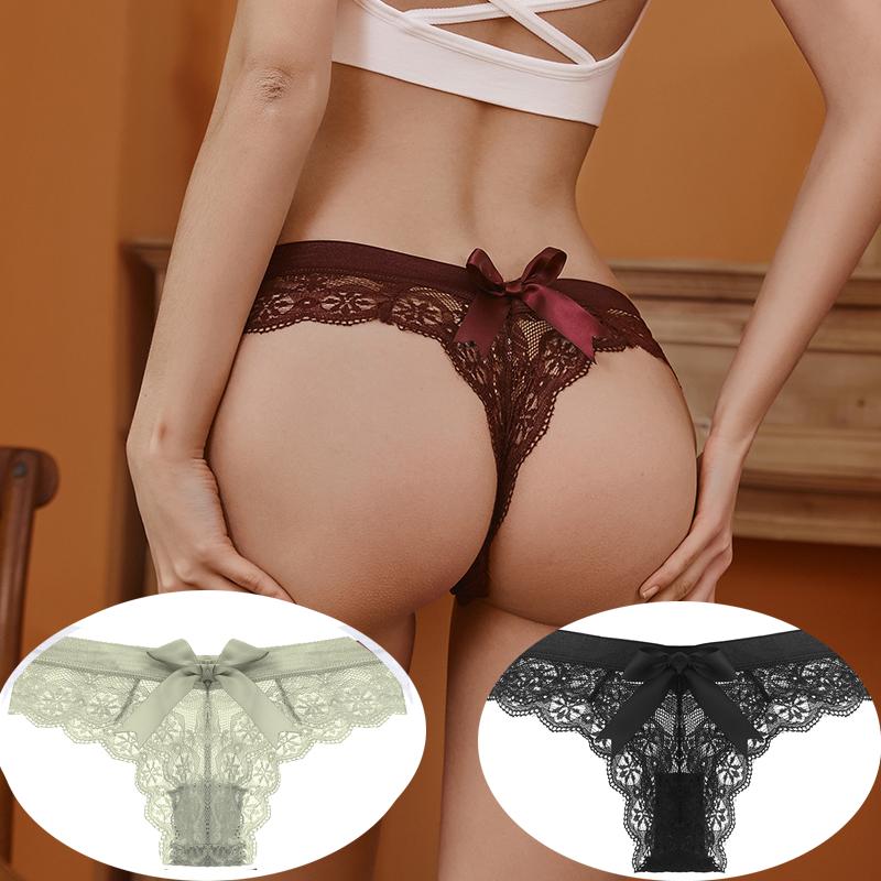 2 шт. женские сексуальные кружевные стринги с бантом и низкой талией, вышитые трусики, эластичное хлопковое нижнее белье