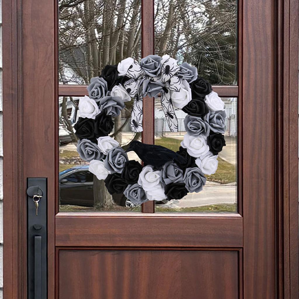 Halloween Wreath Gothic Garlands Front Door Wreath with Black and White Rose Crow Decorative Wreath For Wall Decoration