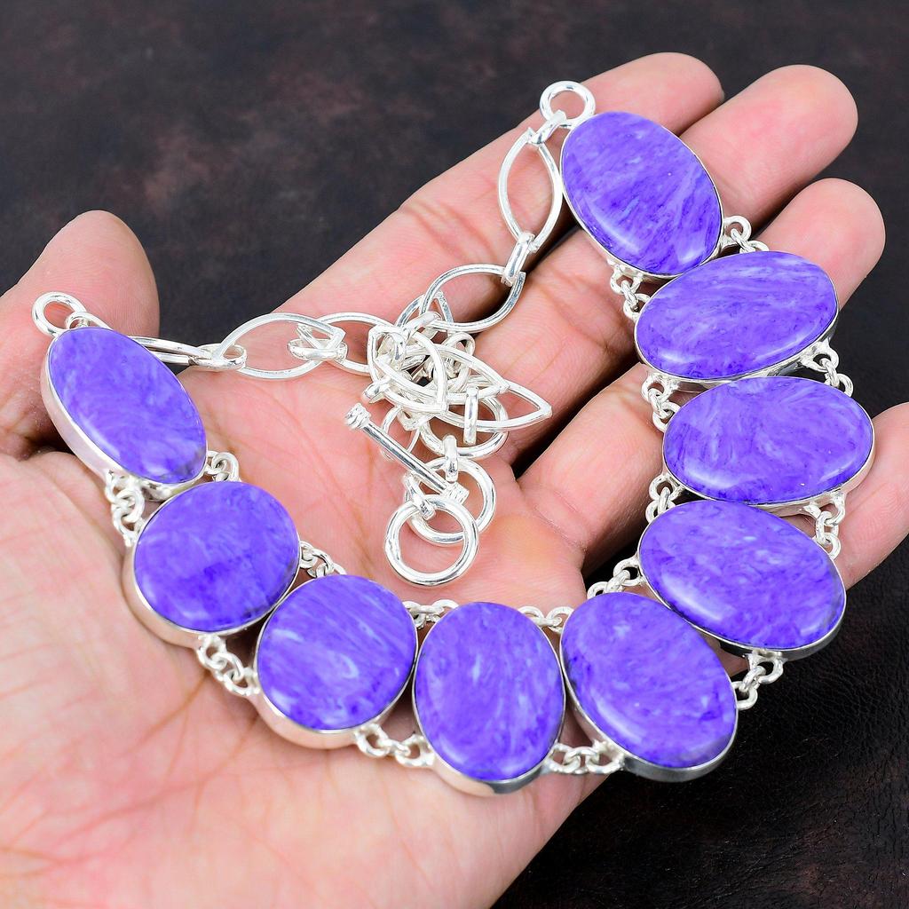 Ожерелье из драгоценного камня чароита, ожерелье из стерлингового серебра 925 пробы, регулируемое ожерелье-цепочка, серебряные украшения ручной работы, свадебный подарок, ожерелья с камнем по рождению