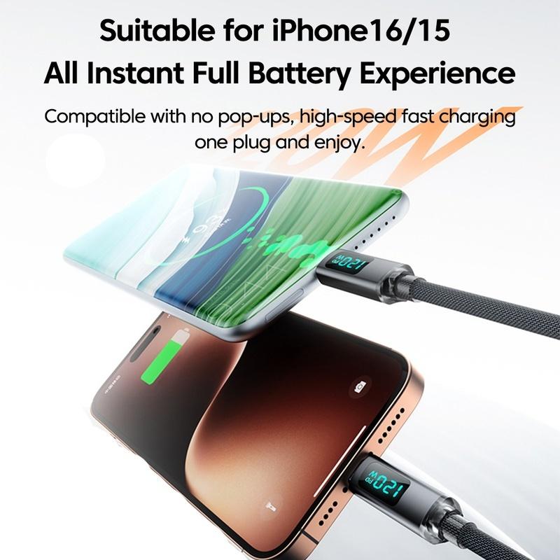 120W Type C Cable Digital Display Car Spring Charging Cord Retractable USB C To Type C Fast Charging Cable for iPhone 17 Xiaomi