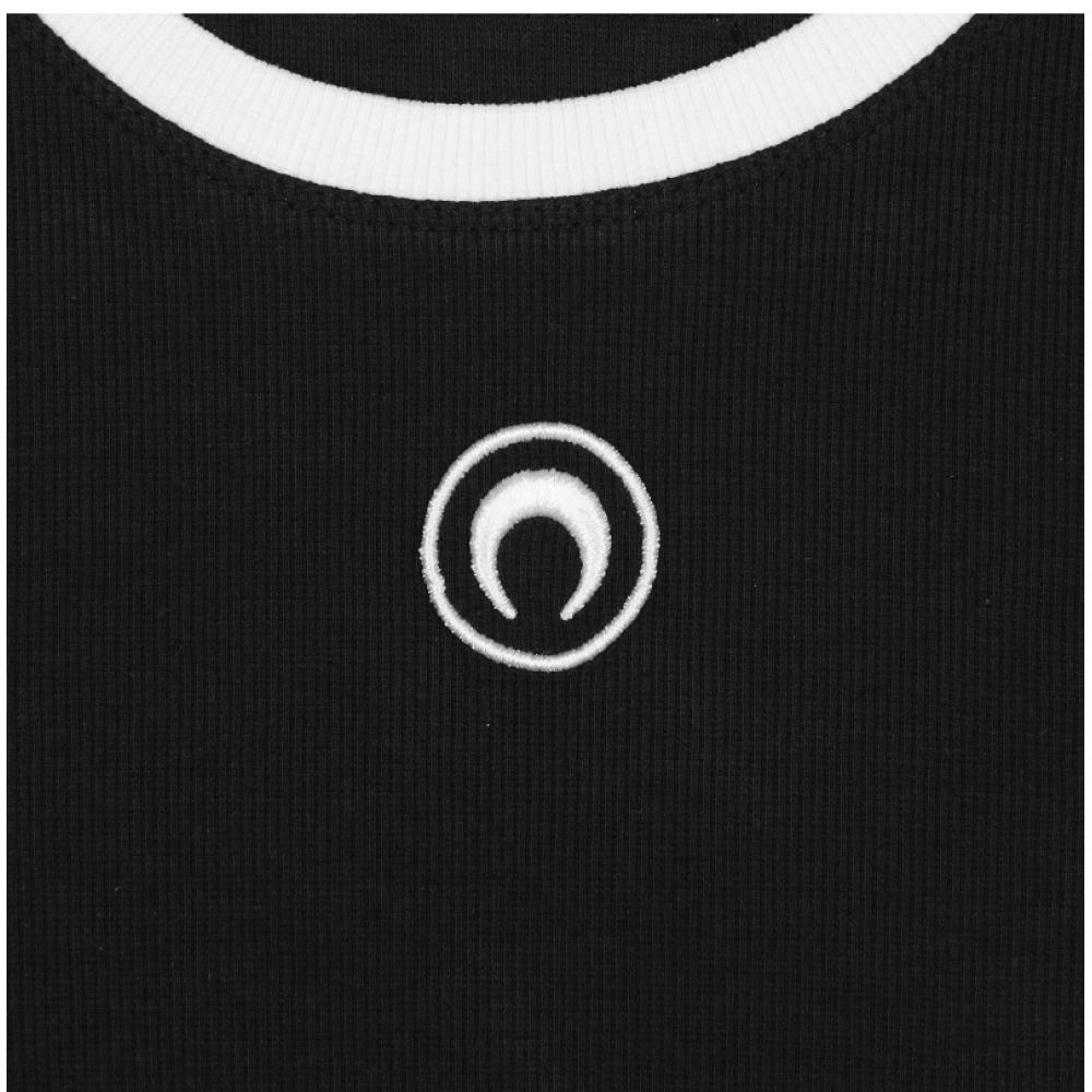 Marincer Wto087a Cjer0011 Bk99 Moon Logo Embroidery ContraSt Crop Women S Short Sleeve Tee