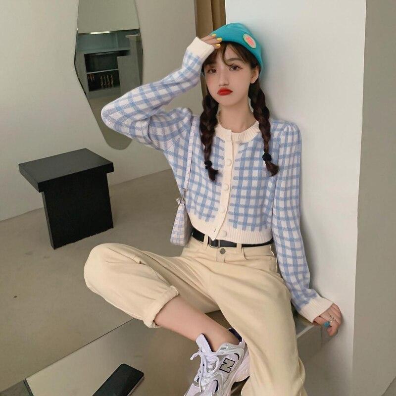 Кардиган, свитер, клетчатый весенне-осенний французский нежный короткий вязаный кардиган, топ с круглым вырезом, 2023, повседневный женский свитер