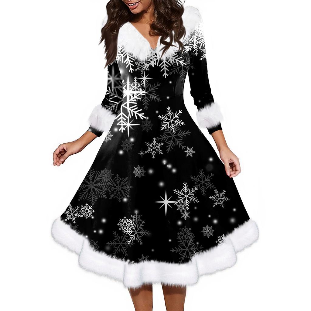 Women's Fashion V-neck Casual Fit Christmas Print Party Long Sleeve Dress