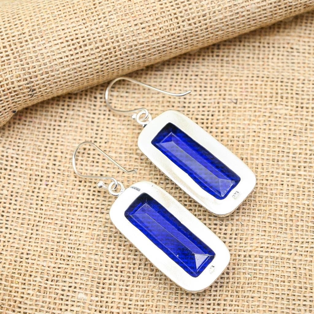Ювелирные серьги ручной работы из чистого серебра 925 пробы с синим сапфиром, созданный в лаборатории драгоценный камень