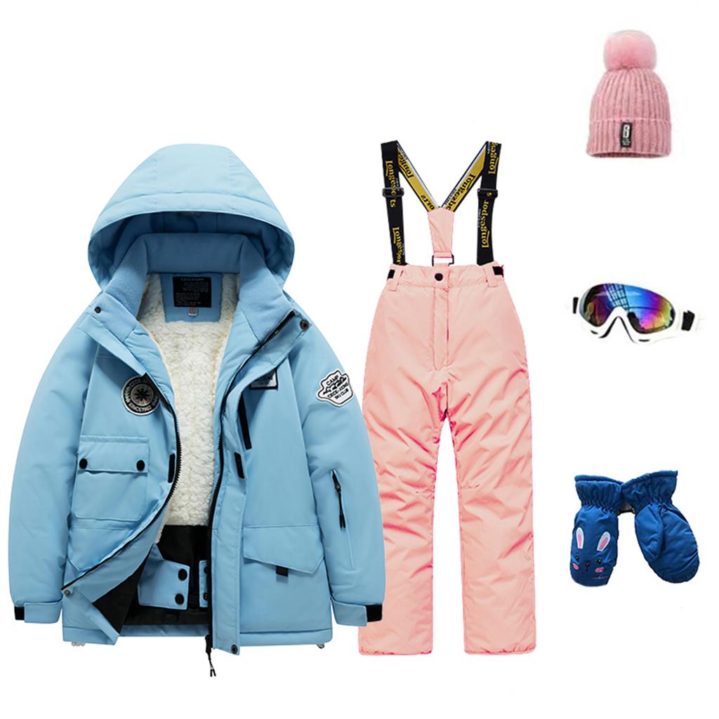 Детский модный лыжный комплект для мальчиков и девочек, утепленный, водонепроницаемый, термобелье, костюм из пяти предметов с курткой и брюками
