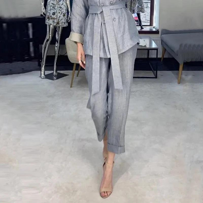 2023 Осень Европейско-американская Мода Комплект Брюк для Повседневной Носки с Воротником Поло и Завязкой на Талии