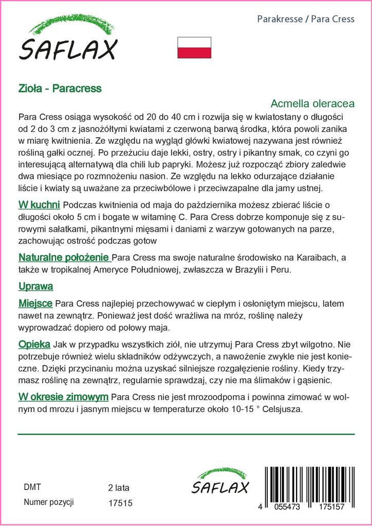 SAFLAX Подарочный набор - Кресс-салат - 500 семян - С подарочной коробкой, карточкой, этикеткой и субстратом для горшков - Acmella oleracea