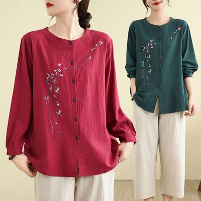 Женский кардиган из хлопка и льна среднего размера, футболка с длинными рукавами, вышитый топ в этническом стиле, свободные блузки в китайском стиле, рубашки
