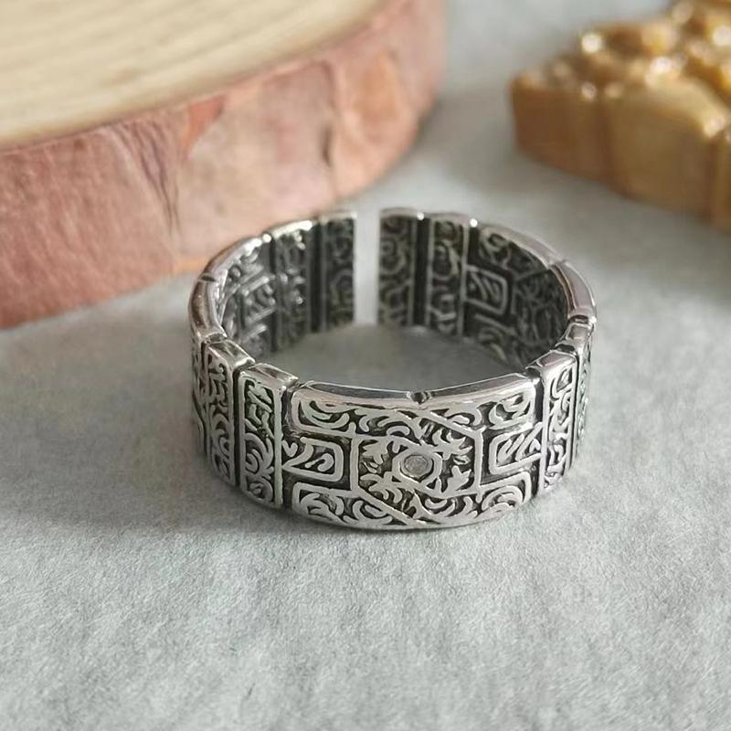 Retro Tang Grass Pattern Ring For Men Zinc Alloy Color Punk Gothic Open Ring Handmade Rock Hiphop Unisex Zircon Accessories Gift