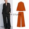 Spring and Summer Women's Clothing Linen Blended Long Sleeves Lapel Shirt 4786090 Wide Leg Mid Waist Casual Pants 4786091
