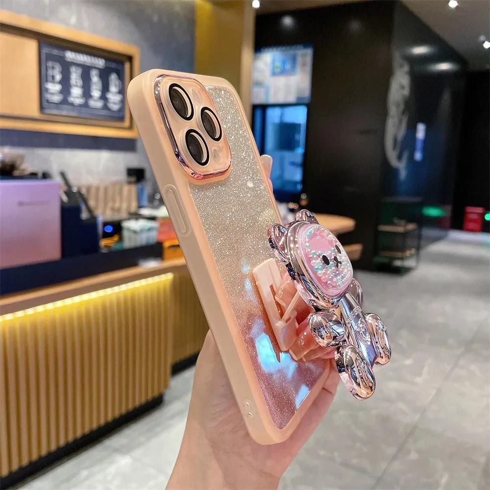 Силиконовый чехол с блестками и бусинами в виде медведя для Samsung S24 S23 S22 S21 Ultra Plus FE A53 A14 A54 A15 iPhone 16 15 14 13 12 11 Pro Max Plus XSMAX XR 8 7