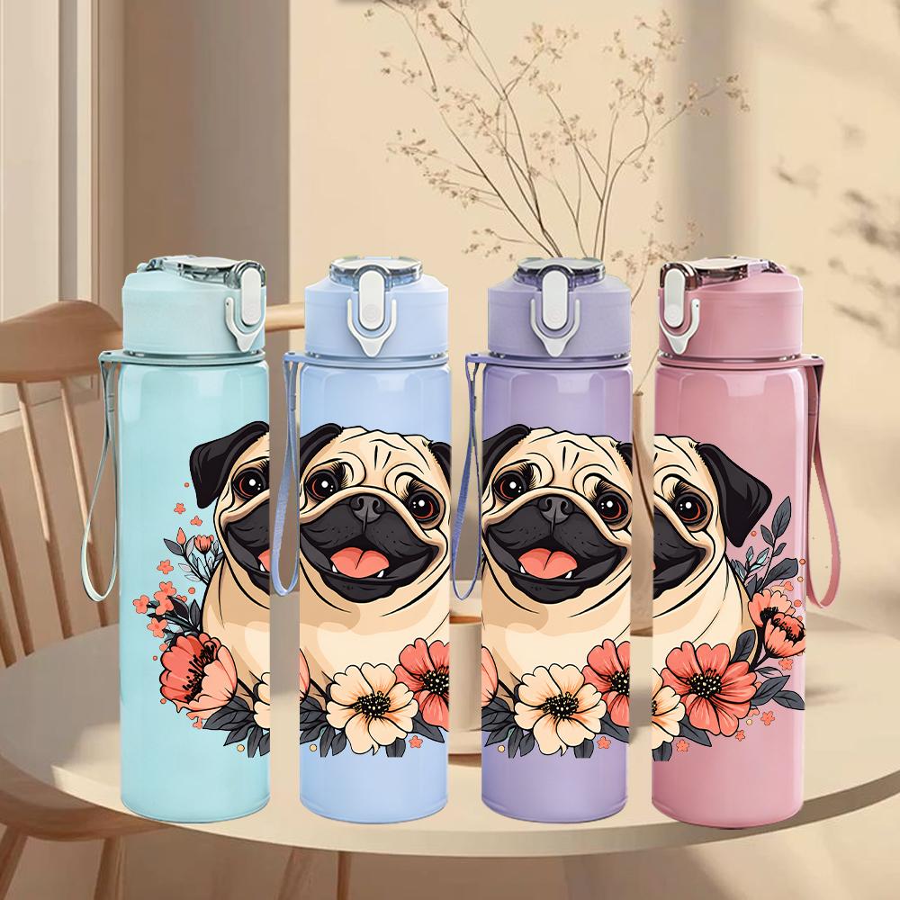 1PC Flower Surrounded Pug 750ml Color Plastic Sports Water Bottle Leakproof Flip Straw Lid Suitable for Sports Office Home Use