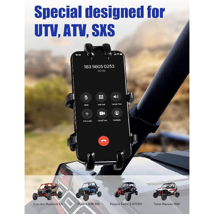 UTV Phone Holder, Aluminum Alloy Heavy Duty Cell Phone Mount For UTV/SXS,360° Adjustable Mounting Bracket Fits 1.75”-2” Roll Cage, 8 Claws