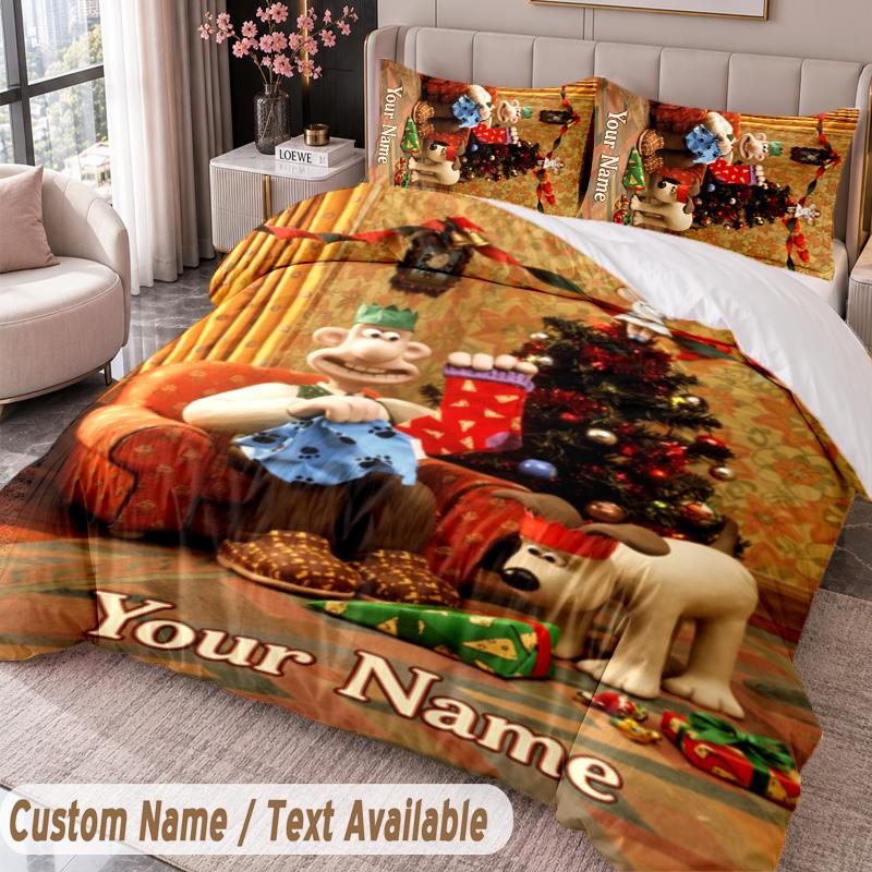Custom Name Text 3Pcs Bedding Set Wallace & Gromit Duvet Cover And Two Pillowcases