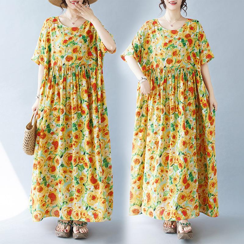 Женское платье больших размеров, простое модное богемное длинное платье, летние платья с коротким рукавом и круглым вырезом с принтом
