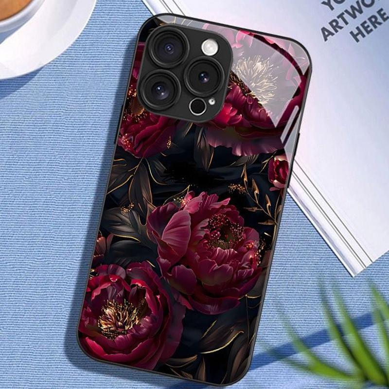 Черный Чехол из Закаленного Стекла с Узором из Темно-Розовых Цветов для Samsung Galaxy S23 S24 S25 S26 Ultra Plus FE Ударопрочный Чехол