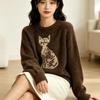 Etam Women's Crew Neck Cat Print Knit Pullover