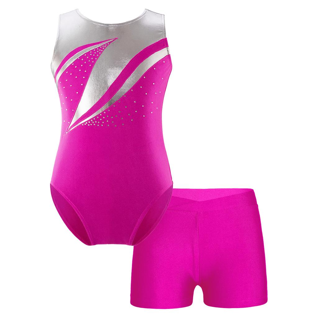 Girls Patchwork Leotard Sleeveless Round Neck Rhinestone Decorated with V Front Waistband Shorts Skating Dance Outfit