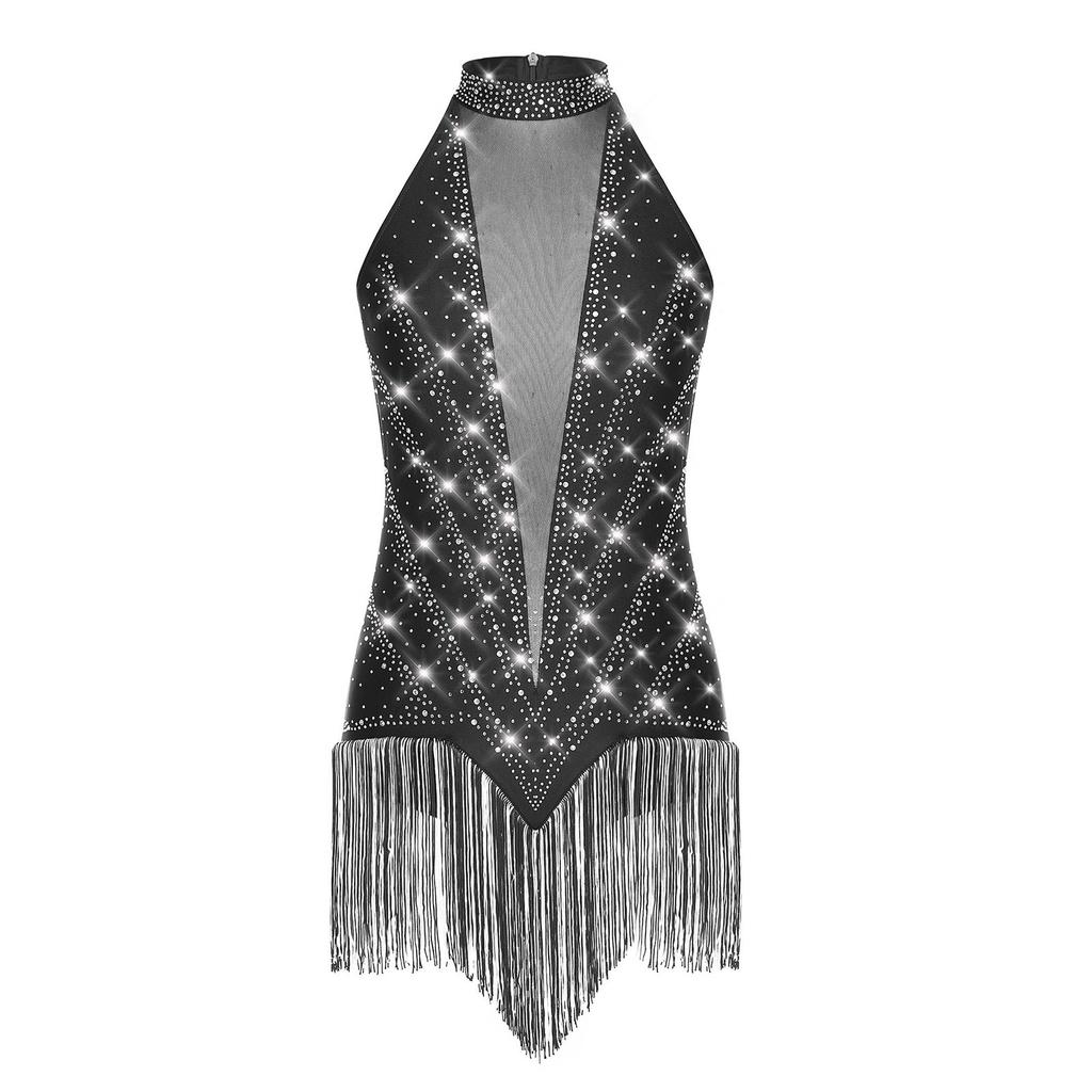 Женский трико для латиноамериканских танцев без рукавов, с прозрачными сетчатыми вставками, расшитый блестящими стразами и бахромой, костюм для танго