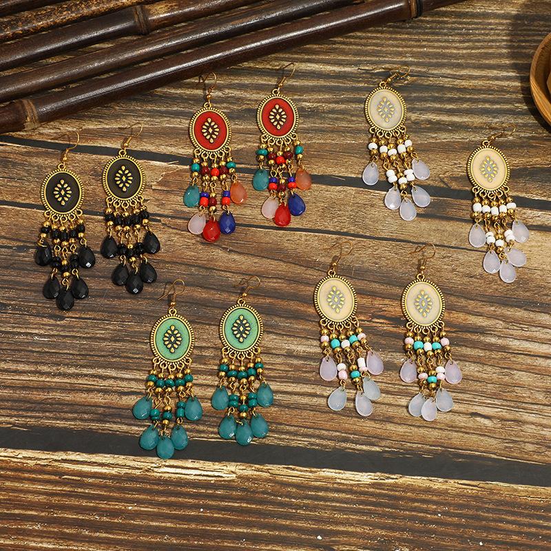 Bohemian Earrings, Water Drop Resin Dripping Oil, Retro Earrings, Fringed Personality, Niche Travel Pendant.