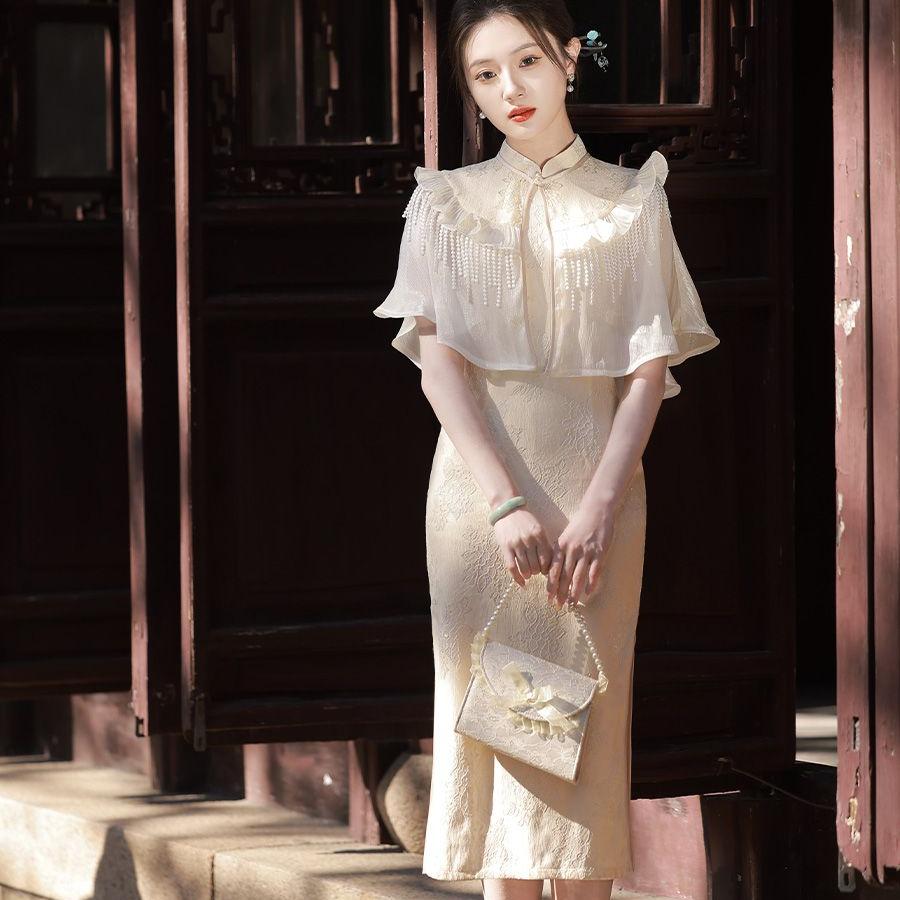 Улучшенное повседневное кружевное платье Cheongsam из двух частей в китайском стиле