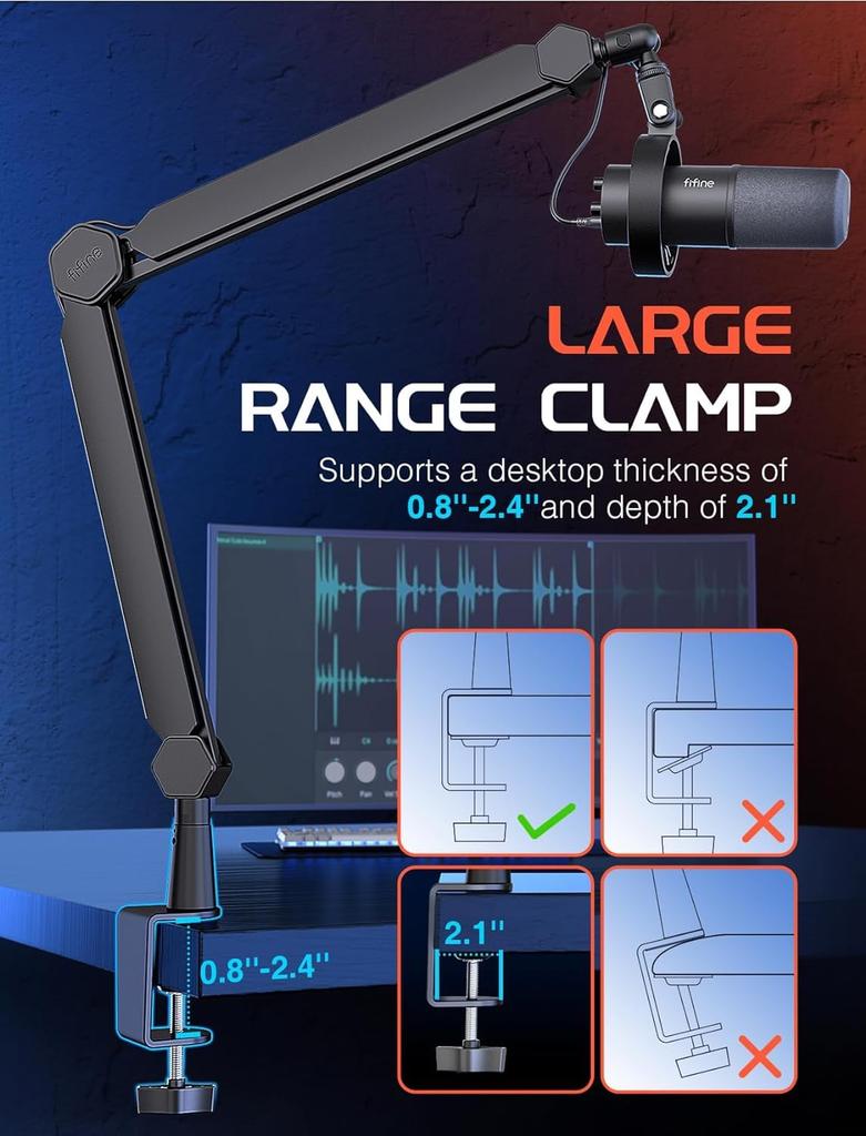 FIFINE Стойка-пантограф для микрофона, Настольная микрофонная стойка с удлинительной штангой, Телескопическая и складная, Вращение на 360°, Регулируемый угол, 14" до 38"