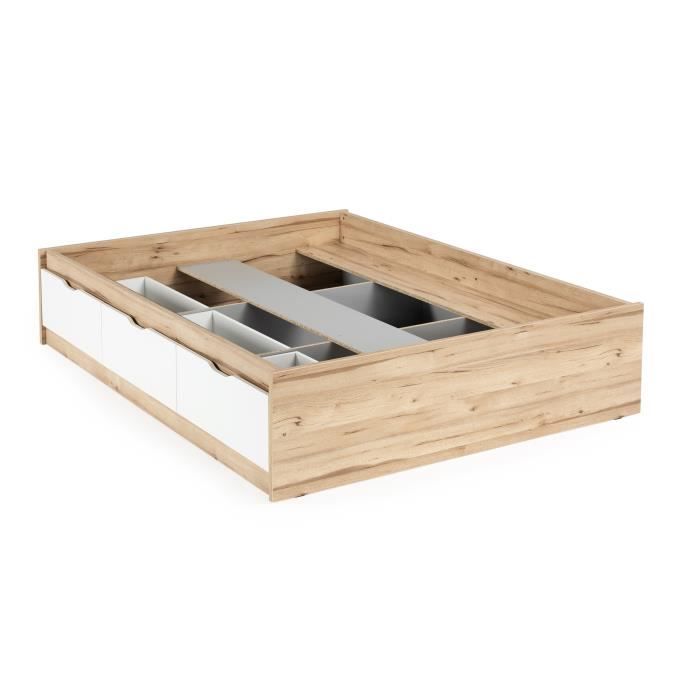 Lit adulte scandinave 3 tiroirs décor chêne et blanc mat - l 140 x L 190 cm VANKKA