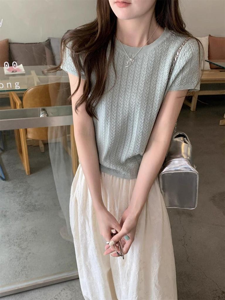 Женский топ с коротким рукавом в корейском стиле, вязаный ажурным узором, весна/лето 2025