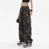 Women Cargo Pants Camouflage Print Multi Pockets Lace-Up Detail Long Pants Straight Wide Leg High Street Pants