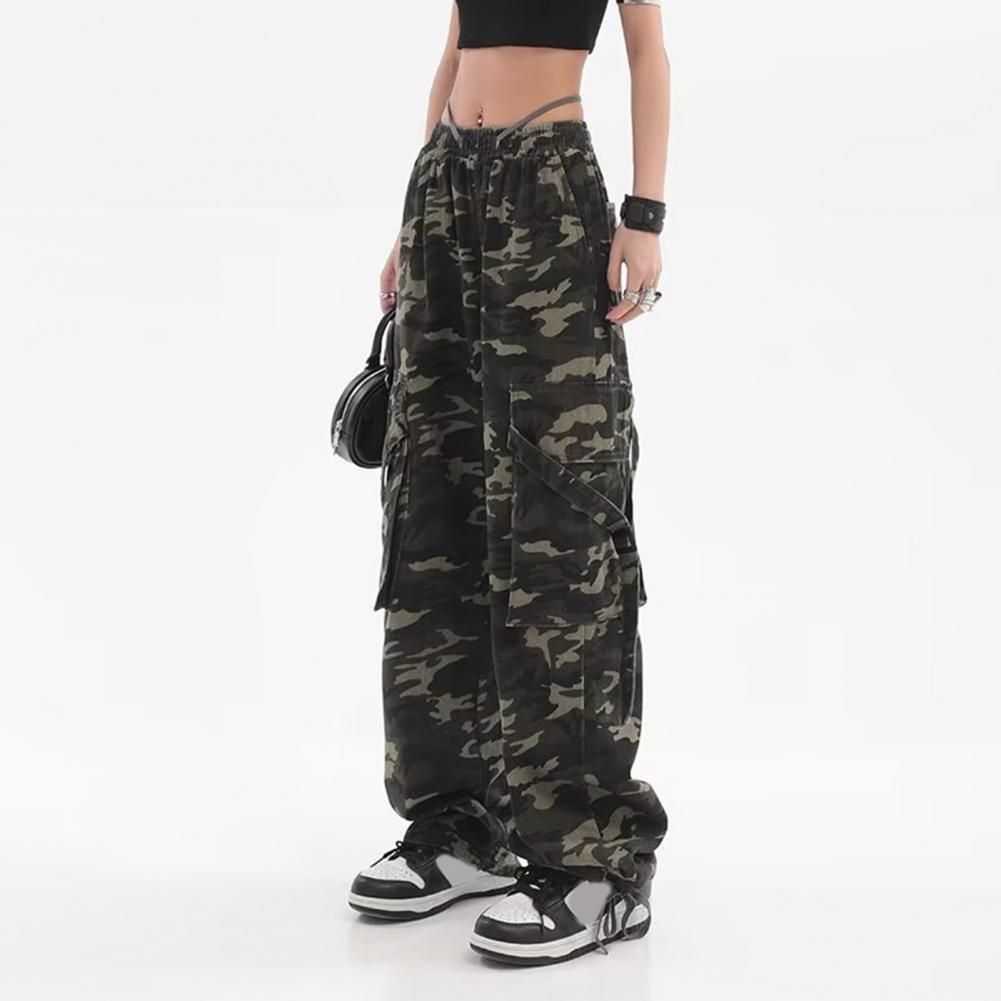 Women Cargo Pants Camouflage Print Multi Pockets Lace-Up Detail Long Pants Straight Wide Leg High Street Pants