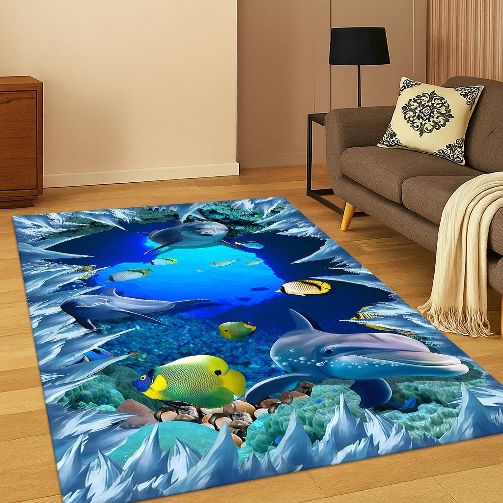 Illusion Underwater World Dinosaur Dolphin Carpet Rug for Home Bedroom Living Room Sofa Doormat Decor,Kid Game Non-slip Area Rug