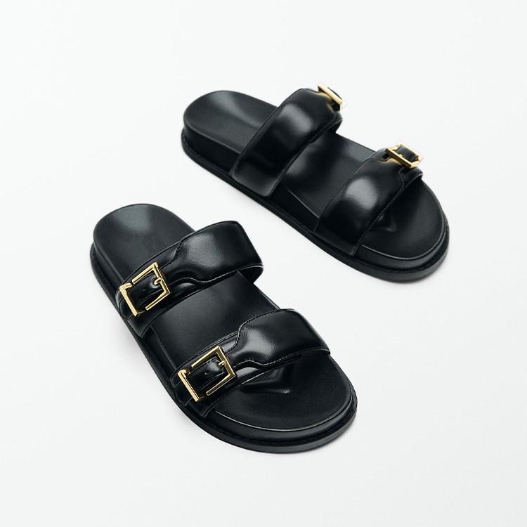 Мода 2024 Черные шлепанцы на плоской подошве для женщин Летние женские модные шлепанцы с ремешком и пряжкой Новые повседневные шикарные домашние сандалии на платформе
