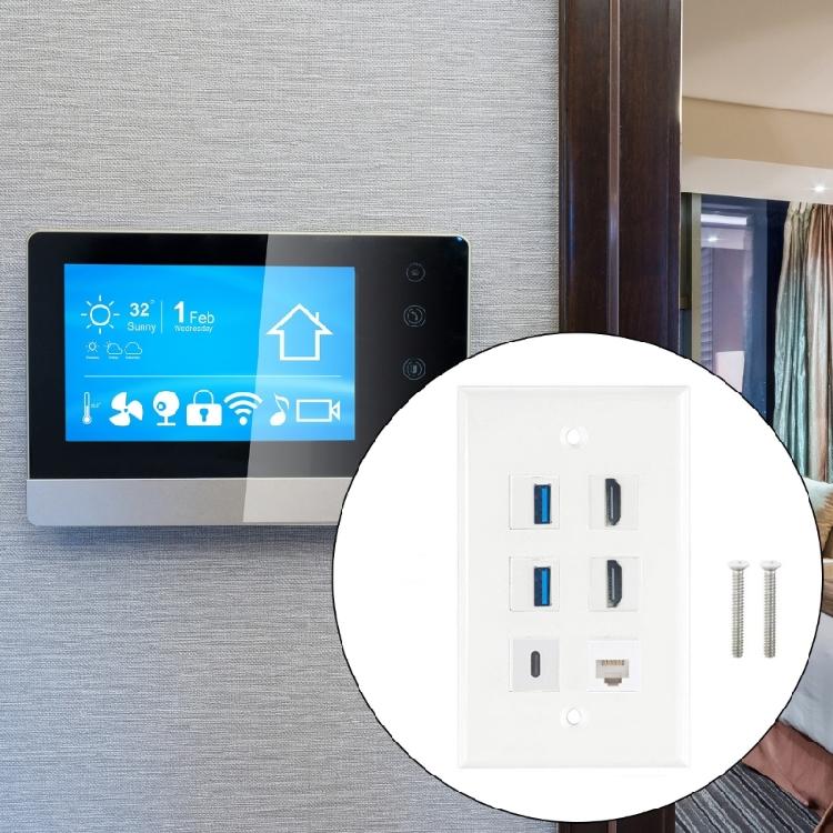 Декоративная настенная панель с 6 портами HDTV, USB 3.0, Type C, CAT6, Keystone Port, RJ45, 6 портов, белая, декоративная лицевая панель для стены.